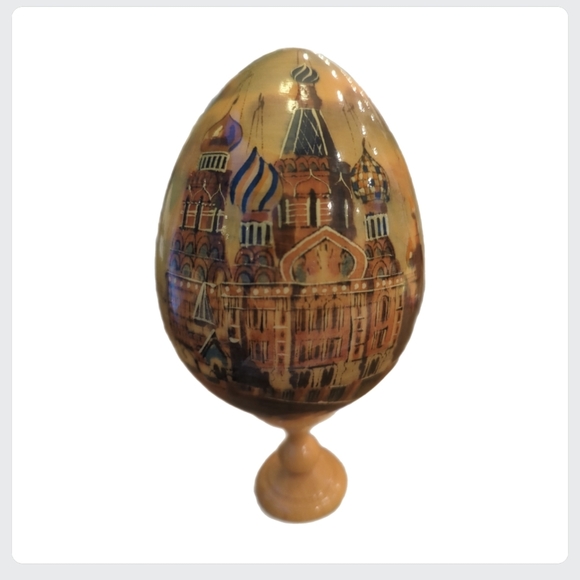 VINTAGE Rare Hand Painted Russian St. Petersburg Decorated Wooden Egg